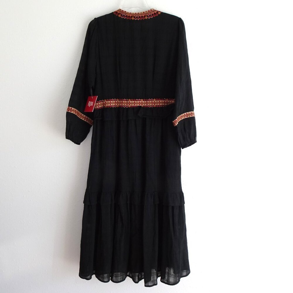 Reba Embroidered Dress Women's Size 10 Black Ruffle Tiered V-Neck Midi Boho - Picture 6 of 12
